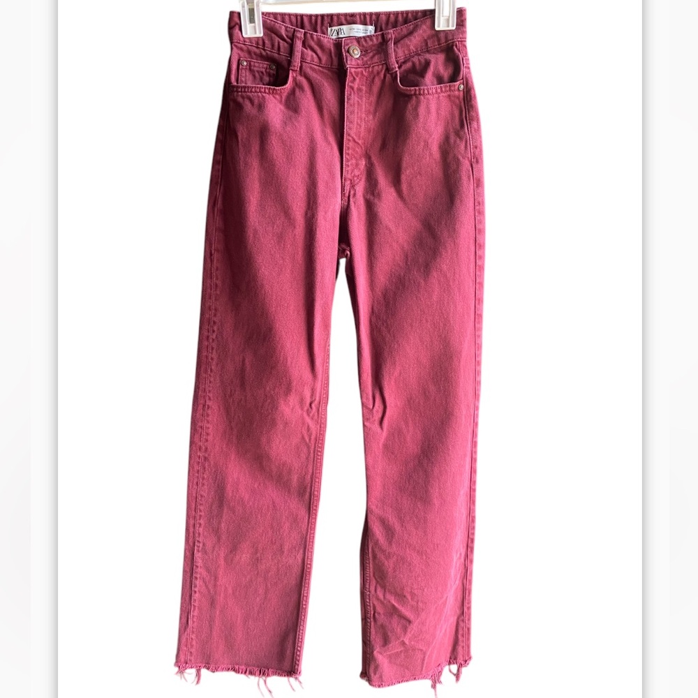 ZARA Burgundy High Waist Straight Jeans Raw Hem Size 2